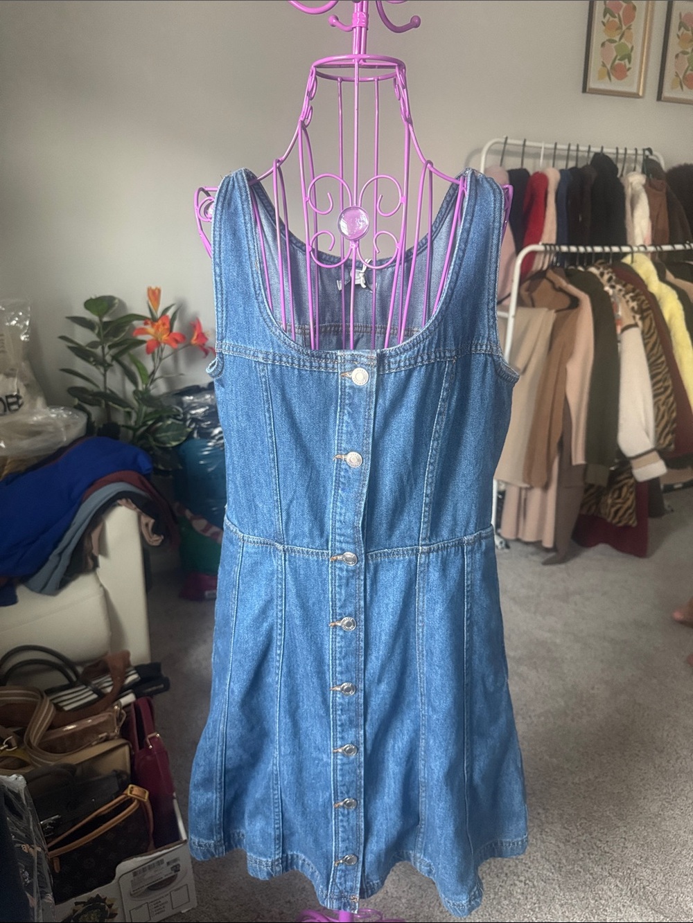 Free Assembly Women Blue Denim Button-Front Bodysuit Dress